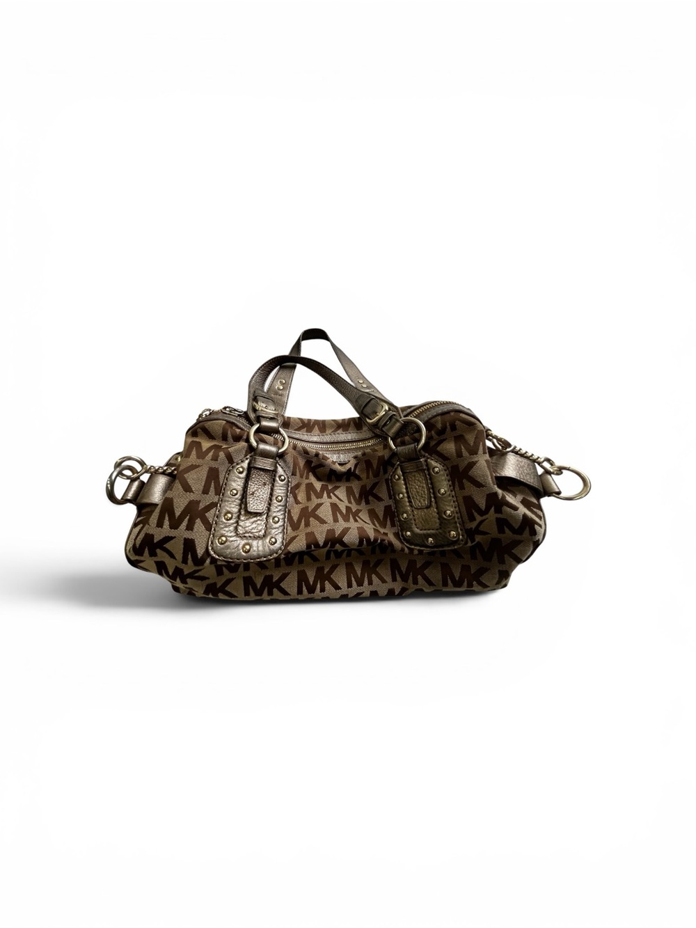 Michael Kors Y2K Logo Satchel Bag Brown MK Monogram Metallic Leather Trim - Picture 2 of 6